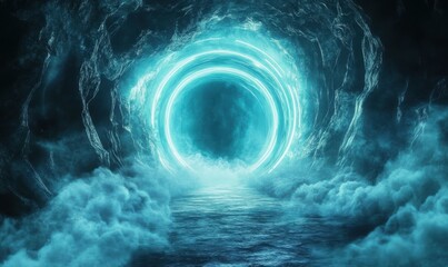 Wall Mural - glowing futuristic portal surrounded by swirling neon lights and a mysterious mist, inviting a journ