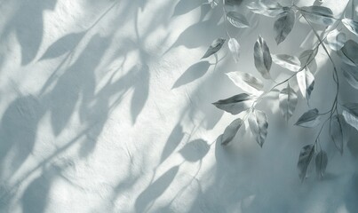 Intricate shadows of leaves cast on a modern white wall, creating a serene and natural play of light and texture