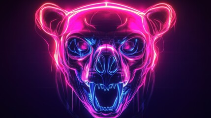 Wall Mural - neon bear head, glowing, vibrant, digital art.