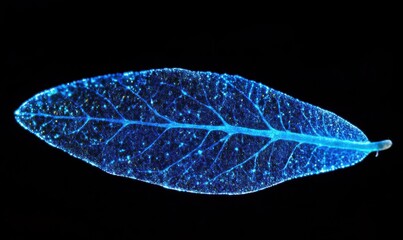 Macro view of a vibrant glowing blue petal illuminated by soft natural light showcasing delicate textures and radiant hues .