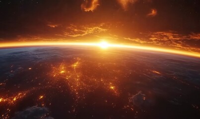 Wall Mural - sunrise view of earth from space with glowing city lights on the horizon, surrounded by a vibrant or