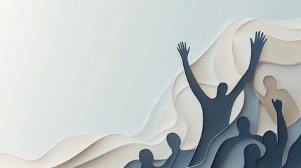 Aufkleber - Unity represented through silhouettes raising hands in minimalistic flat design paper art background Generative AI