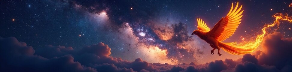 Wall Mural - phoenix soars through starry night sky with fiery mane, infinite universe, galaxy