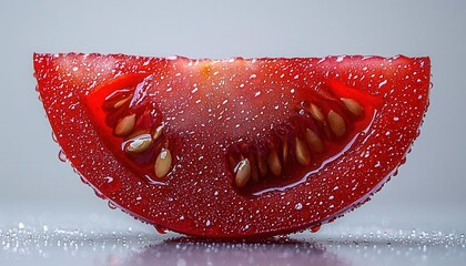 Fresh and vibrant tomato slice glistening with droplets, showcasing its juicy interior and seeds. Perfect for food photography. Copy space, isolated on clean background, commercial use