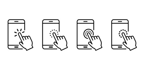 Action on mobile phone display outline icon set. Hand swipe on smartphone linear pictogram. Finger move gesture line on cell phone touch screen icon.