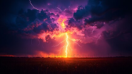 dramatic lightning storm over a field, stunning sunset, wind turbines in the background