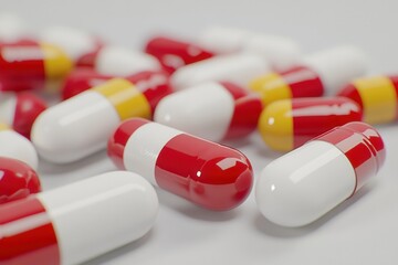 Fototapete - Scattered array of colorful capsules on a minimalist background showcasing vibrant medical supplies in high detail Generative AI