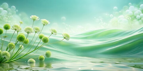 Wall Mural - serene aquatic bloom gentle green waves cradle delicate, spherical flowers, creating a tranquil and 
