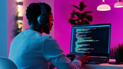 African American coder wearing headphones coding at night on his laptop computer