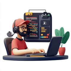 Leinwandbilder - Cartoon Developer Coding on Laptop with Headset and Code Display, Stylized 3D Character