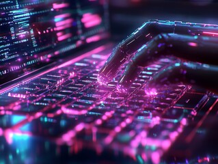 Fototapete - Cybernetic Typing: Futuristic Robot Hand Interacting with a Glowing Neon Keyboard & Display, Data Streams