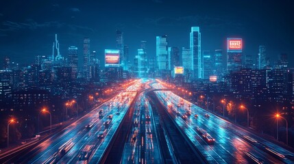 Poster - Nightfall Over the Metropolis: A Futuristic Cityscape with Highway Traffic and Neon-Lit Skyscrapers