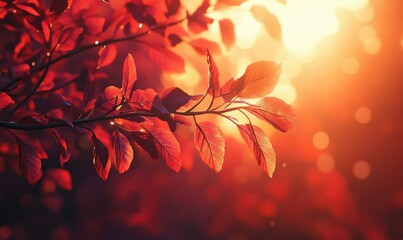 Wall Mural - Bright autumn foliage glowing in shades of red and orange, softly illuminated by warm natural sunlight filtering through trees, creating a cozy seasonal look,