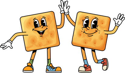 Leinwandbilder - Funny groovy cracker cookie dessert characters or biscuits with funny faces, vector cartoon comic. Funky groovy cracker cookie friends with happy smile and High Five for dessert cartoon character