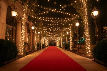 Wall Mural - red carpet leading to christmas party decorated with string lights