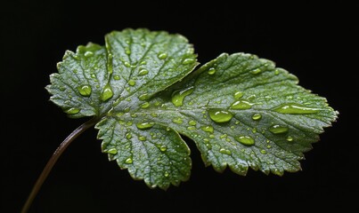 Wall Mural - Soft raindrops glistening on a dark green leaf illuminated by subtle natural light .