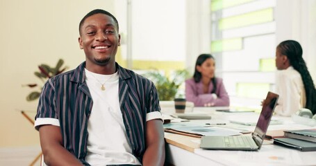 Poster - Face, laptop and smile with business man at boardroom table in office for meeting or planning. Computer, confident or happy and design employee in workplace with coworkers for development or research