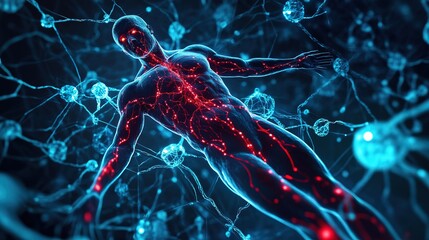 Wall Mural - human body with neurons and nervous system. 3d illustration. science concept.