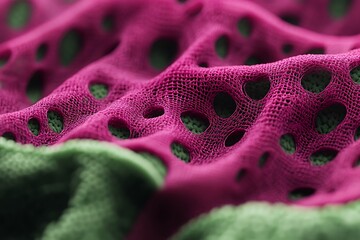 intricate interweaving of magenta and green fabric with distinctive hole pattern