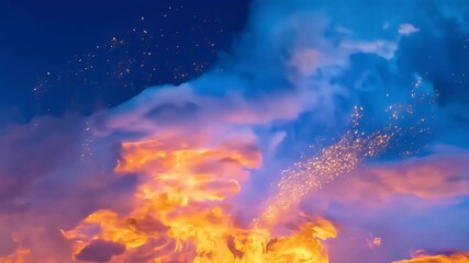 Wall Mural - Dramatic smoke formations blending clouds vibrant blue sky illuminated fiery hues presented hyper realistic 4K ultra HD resolution