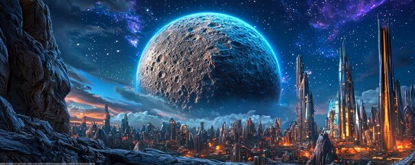 Wall Mural - A stunning cosmic landscape featuring a large moon, vibrant colors, and futuristic structures under a starry sky.