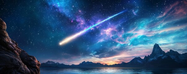 Wall Mural - a breathtaking cosmic scene featuring a comet streaking across a vibrant galaxy, illuminating a tran