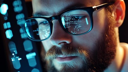 Man with Glasses, Analyzing Data Reflected in Lenses, in Digital World