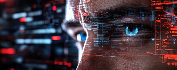 a close-up of a person's eye, enhanced with digital data overlays, symbolizing technology and artifi