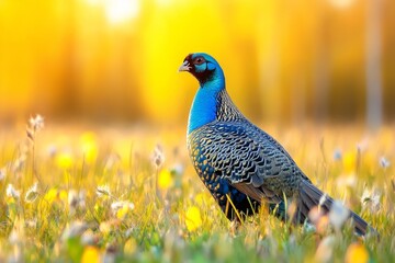 Poster - A pheasant walking through tall grass, its iridescent feathers glowing in the golden light