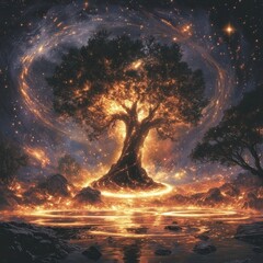 Wall Mural - Fiery cosmic tree glowing at night.