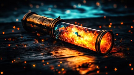 Wall Mural - Mystical glass tube containing swirling nebula-like cosmic energy on dark wood.