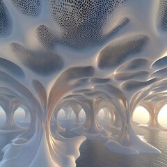 Wall Mural - abstract organic architecture with textured surfaces, cavernous interior, and water reflections.
