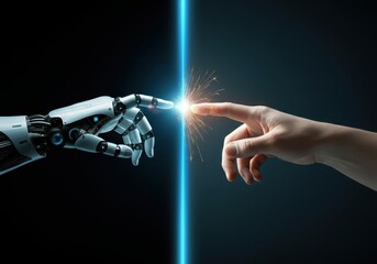 robotic and human hands nearly touching, bright light beam separating palms, generating electric spa