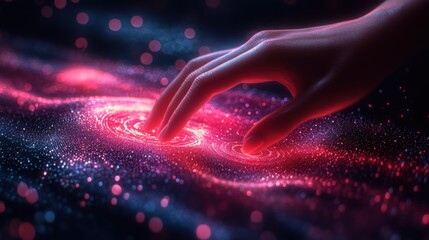 Wall Mural - Hand interacting with vibrant, swirling nebula-like energy.