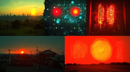 Wall Mural - sunset collage featuring cityscapes, abstract art, and vibrant colors.