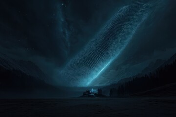 Wall Mural - Night landscape with glowing cosmic object over mountains and small house.