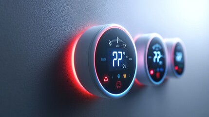 Smart thermostats display room temperature and humidity on wall.