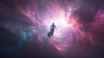 Wall Mural - Silhouette of a person floating in a vibrant nebula, surrounded by cosmic clouds and glowing gas.