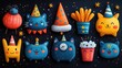 © FairValue Stock - A collection of New Year stamps with cartoon designs, including party hats, smiling faces, and countdown clocks