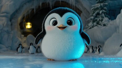 Wall Mural - adorable baby penguin in icy cave with other penguins.