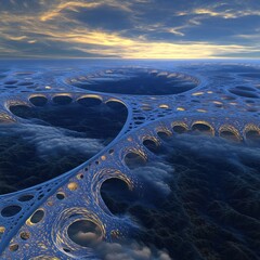 Wall Mural - surreal landscape with intricate, glowing blue structure above clouds at sunset.