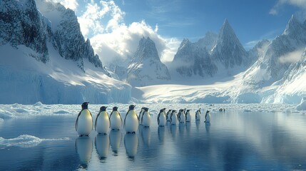Wall Mural - emperor penguins standing in a line on ice in antarctica with mountains in the background.