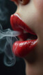 © Macholicious - Smoking woman with glossy red lipstick blowing smoke on black background