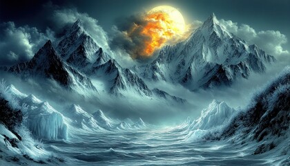 Wall Mural - fiery moon setting behind snow-capped mountains and frozen lake.