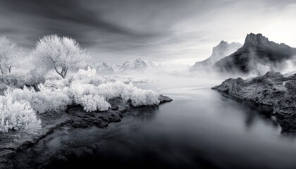 Wall Mural - monochromatic infrared landscape photography of a serene river flowing through a misty mountain vall