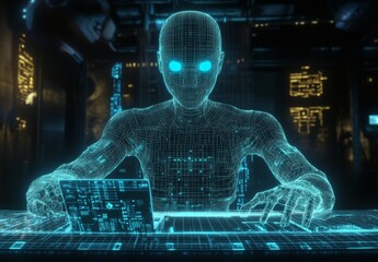technology with a glowing interface system is being worked on by a wireframe robot