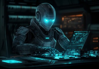 a robot made of wireframe is working on technology with a glowing interface system