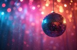 Abstract background with bokeh and disco ball. Party light sphere in club reflect mirror night design. Shiny colors globe celebration nightlife. Perfect design element for holiday.