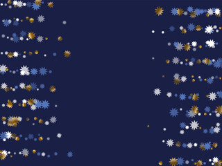 Wall Mural - Festive Christmas star holiday scatter illustration. Gold blue white twinkle decoration. Poster snowflake ornament. Christmas star shape elements. Festival glittering wallpaper.