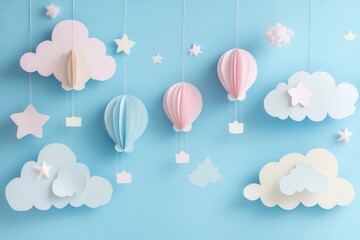 Poster - Whimsical paper art background with clouds, balloons, and stars creating a dreamy atmosphere for design projects Generative AI